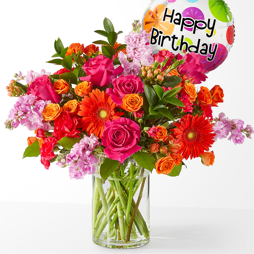 Fiesta Bouquet with Birthday Balloon – Rosehaus Floral, Suamico WI