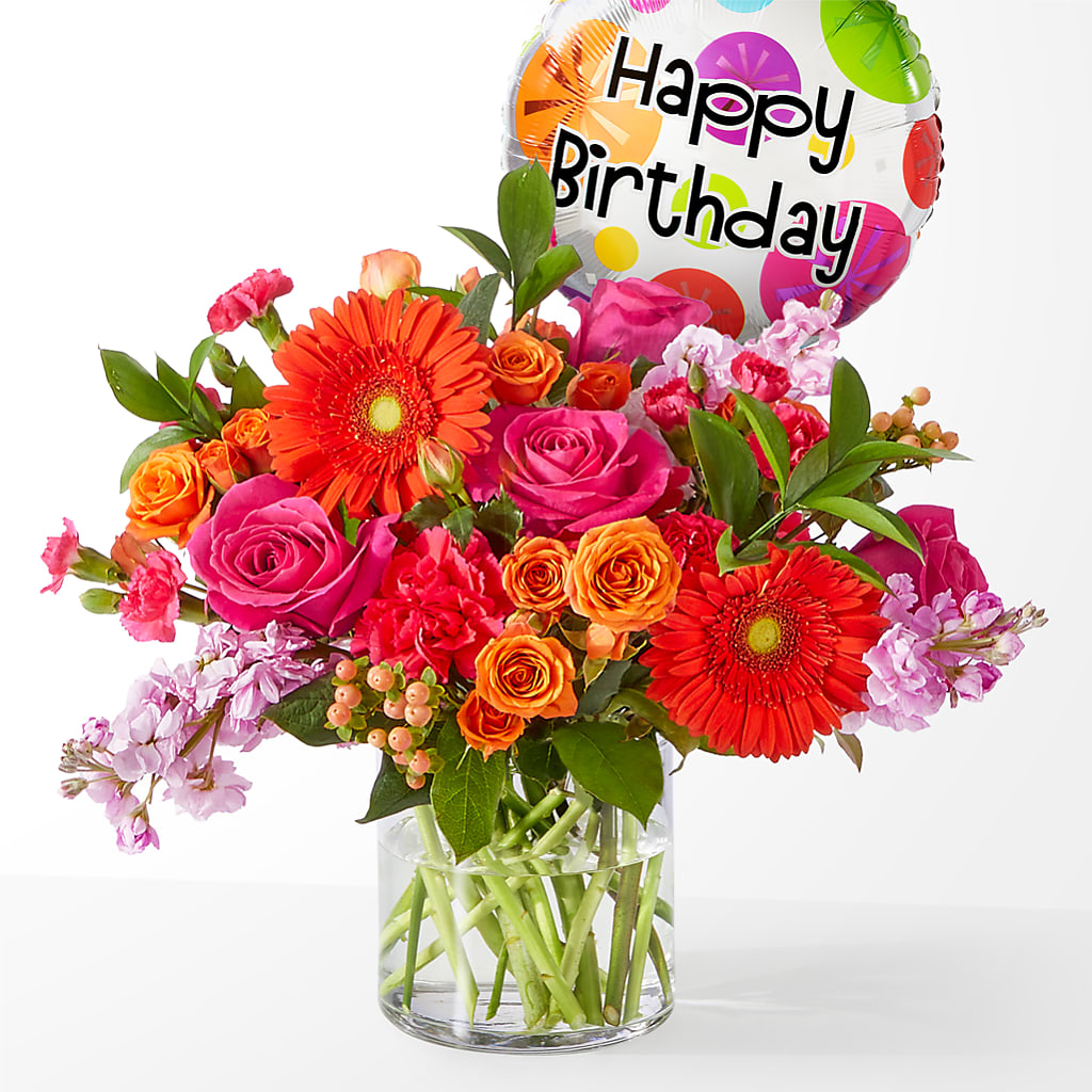 Fiesta Bouquet with Birthday Balloon – Rosehaus Floral, Suamico WI
