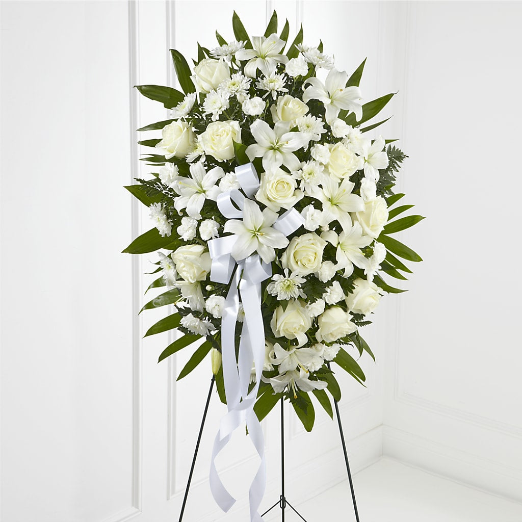 Exquisite Tribute Standing Spray-White Ribbon – Rosehaus Floral, Suamico WI